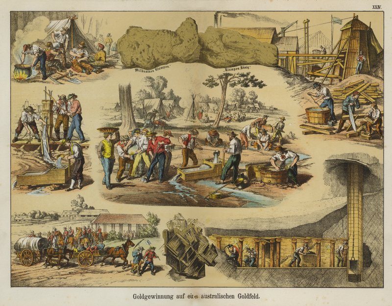 Aranybányászat Ausztrália aranymezőin (színes litho) alkotó: German School