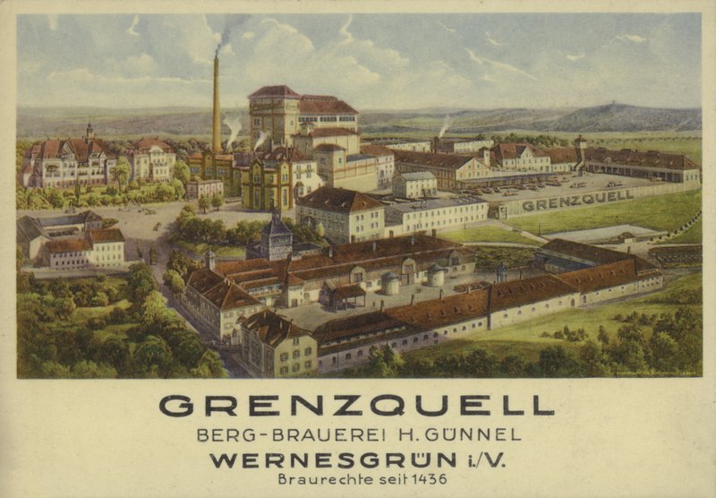 Grenzquell Brewery, Wernesgrun, Szászország, Németország (színes litho) alkotó: German School