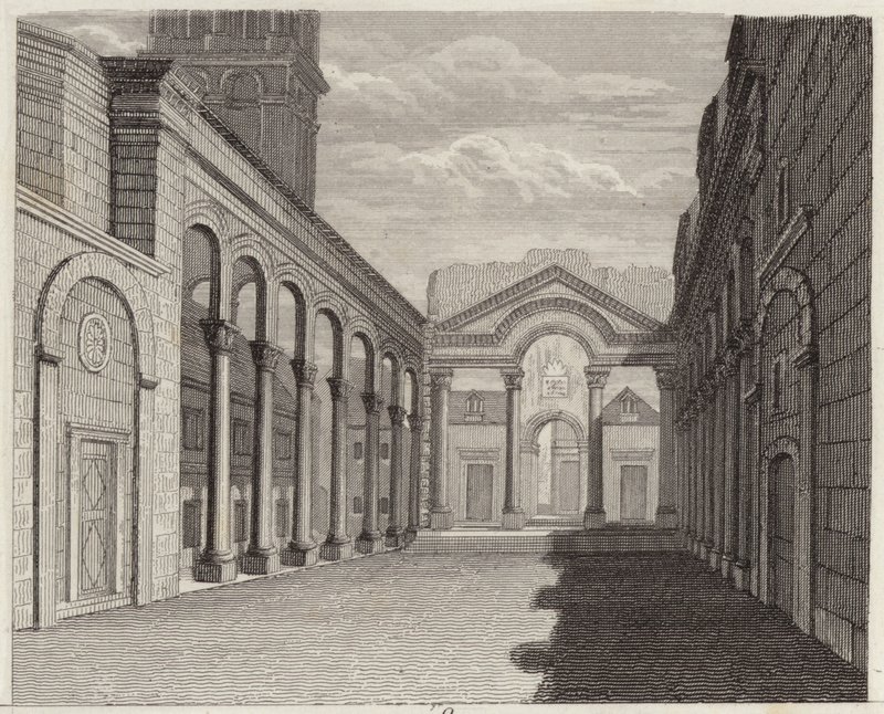 Diocletianus római császár palotájának terme, Spalato (Split, Horvátország). Illusztráció a Bilder-Atlashoz (metszet) alkotó: German School