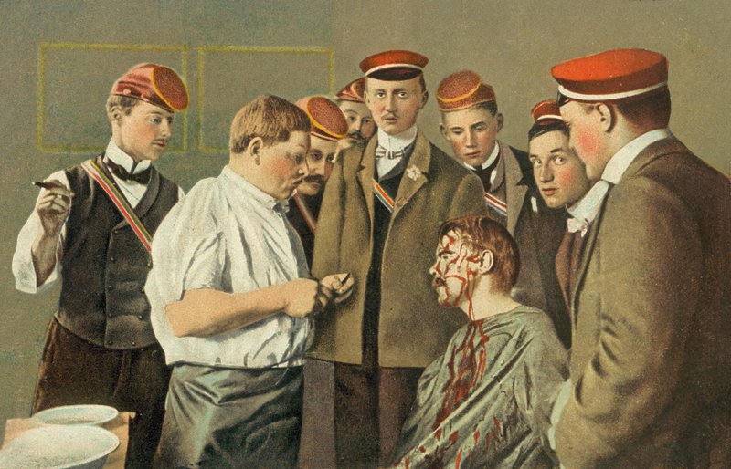 A Heidelbergi Egyetem diákja megsebesült egy szablyapárbajban (színes litográfia) alkotó: German School