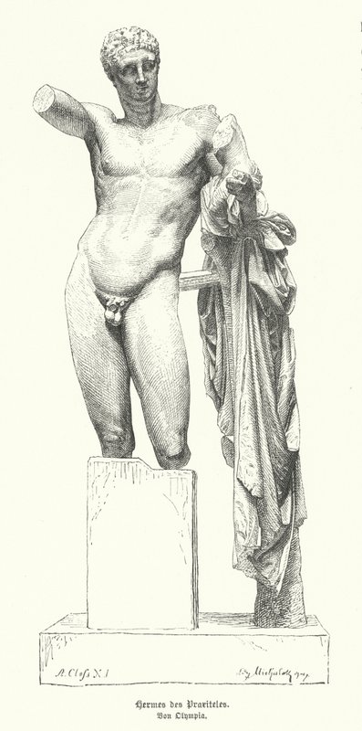 Hermész és a csecsemő Dionüszosz, Praxiteles ókori görög szobrász szobra, amelyet az olimpiai Héra-templom romjai között fedeztek fel (metszet) alkotó: German School