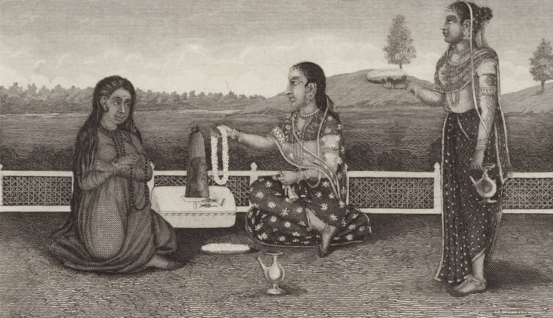 Hindu halottak tisztelete, India. Illusztráció a Bilder-Atlashoz (metszet) alkotó: German School