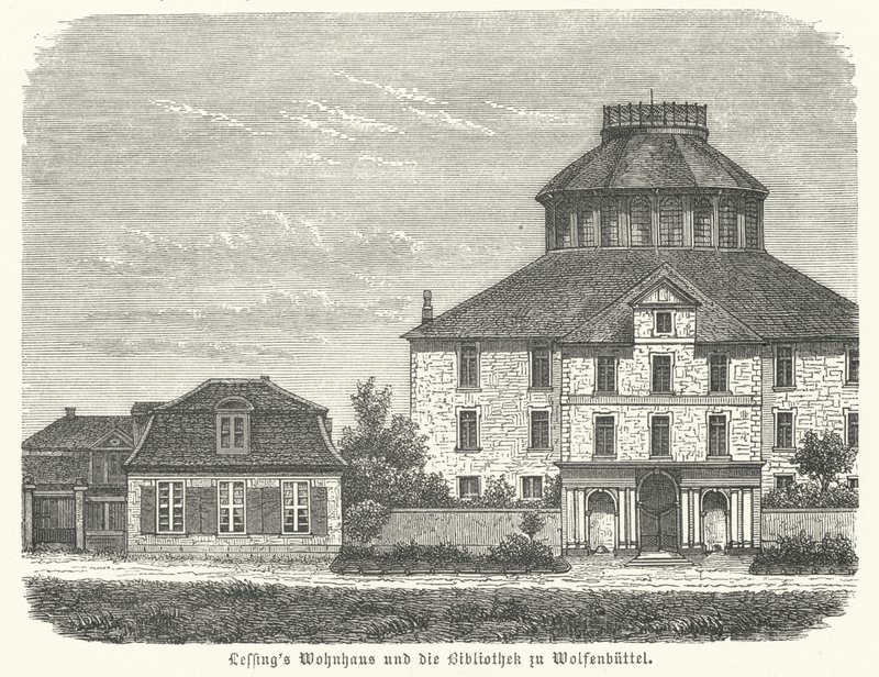 Gotthold Ephraim Lessing német filozófus és drámaíró otthona és a wolfenbuetteli könyvtár (metszet) alkotó: German School