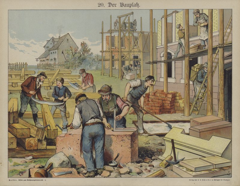 Házépítés (színes litho) alkotó: German School