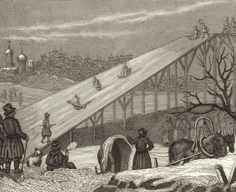 Jégcsúszda Oroszországban. Illusztráció a Bilder-Atlashoz (metszet) alkotó: German School