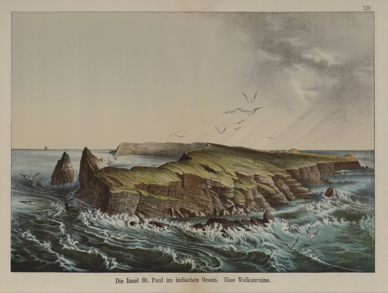 Ile Saint-Paul, vulkáni eredetű sziget az Indiai-óceánban (színes litho) alkotó: German School