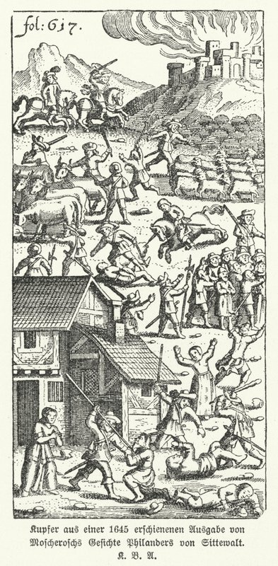 Illusztráció Johann Michael Moscherosch német író, Philander von Sittewald csodálatos és igaz látomásai című szatirikus művének 1645-ös kiadásából (litho) alkotó: German School