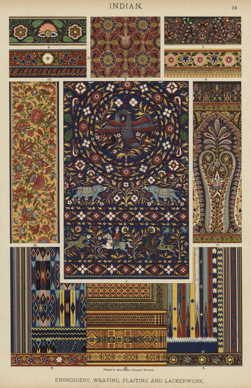 Indiai, hímzés, szövés, fonás és szövés (színes litho) alkotó: German School