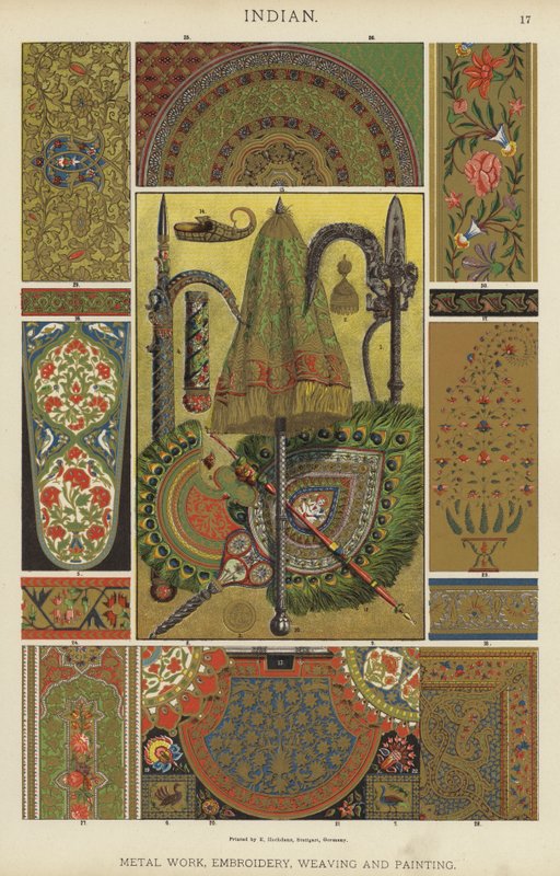 Indiai, fémmegmunkálás, hímzés, szövés és festés (színes litho) alkotó: German School