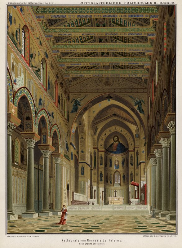 Monreale katedrális belseje, Palermo, Szicília, Olaszország (színes litó) alkotó: German School