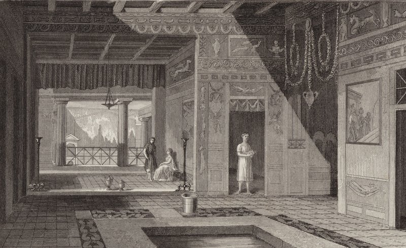 Egy római ház belseje Pompejiben. Illusztráció a Bilder-Atlashoz (metszet) alkotó: German School