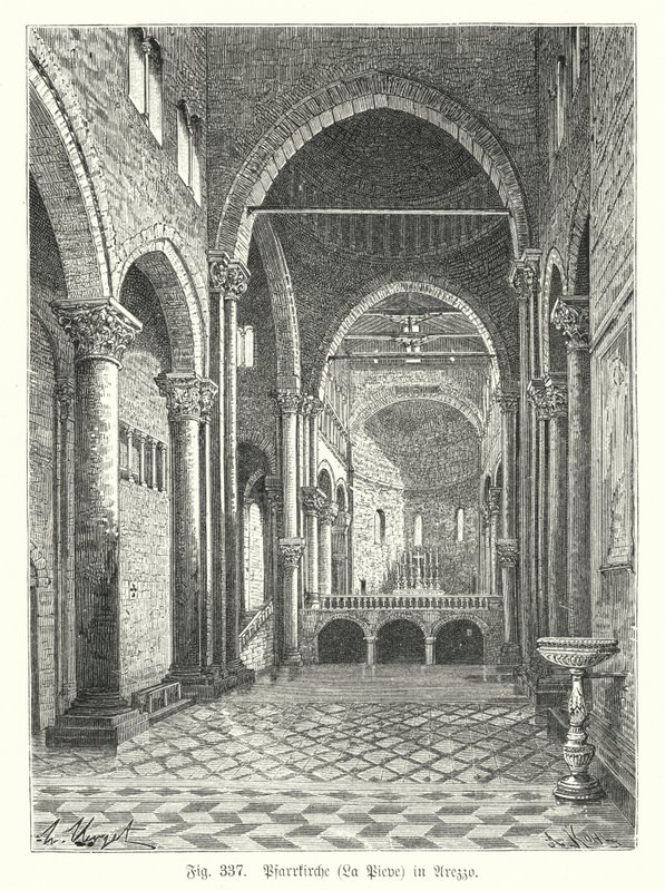 A Santa Maria della Pieve templom belseje, Arezzo, Olaszország (metszet) alkotó: German School