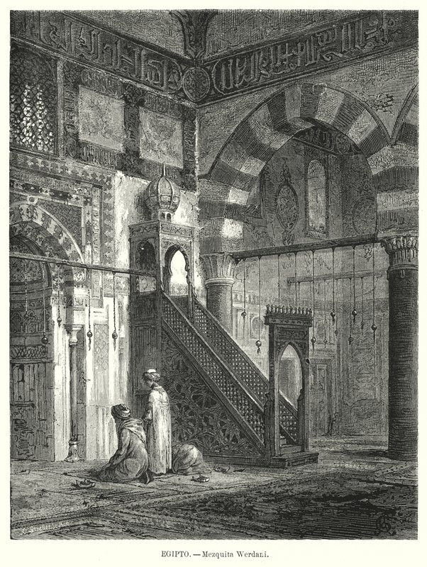 Amir Altinbugha al-Maridani mecset belseje, Kairó, Egyiptom (litho) alkotó: German School