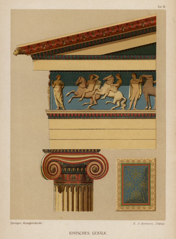 Ionos antablementum, ókori görög építészet (színes litho) alkotó: German School