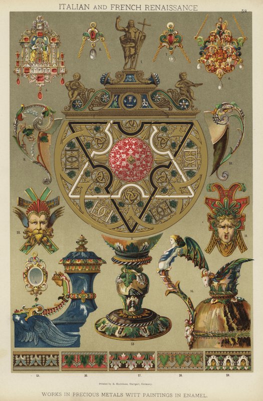 Olasz és francia reneszánsz, nemesfém művek Witt zománcfestmények (színes litho) alkotó: German School