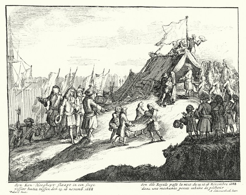 II. angliai Jakab 1688. november 15–16-án éjszakázik egy szegény halászkunyhóban (metszet) alkotó: German School