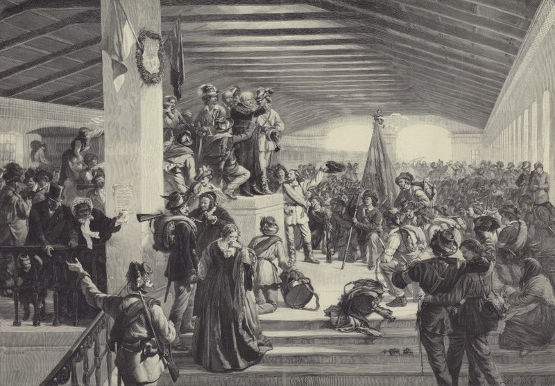 Joachim Haspinger megáldja a hazájuk védelmére indulni készülő tiroli diákokat (litho) alkotó: German School