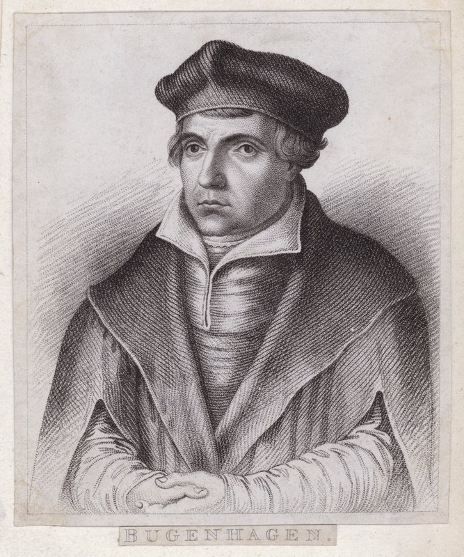 Johannes Bugenhagen (Doktor Pomeranus), német pap és teológus, aki bemutatja a protestáns reformációt Pomerániában és Dániában (metszet) alkotó: German School