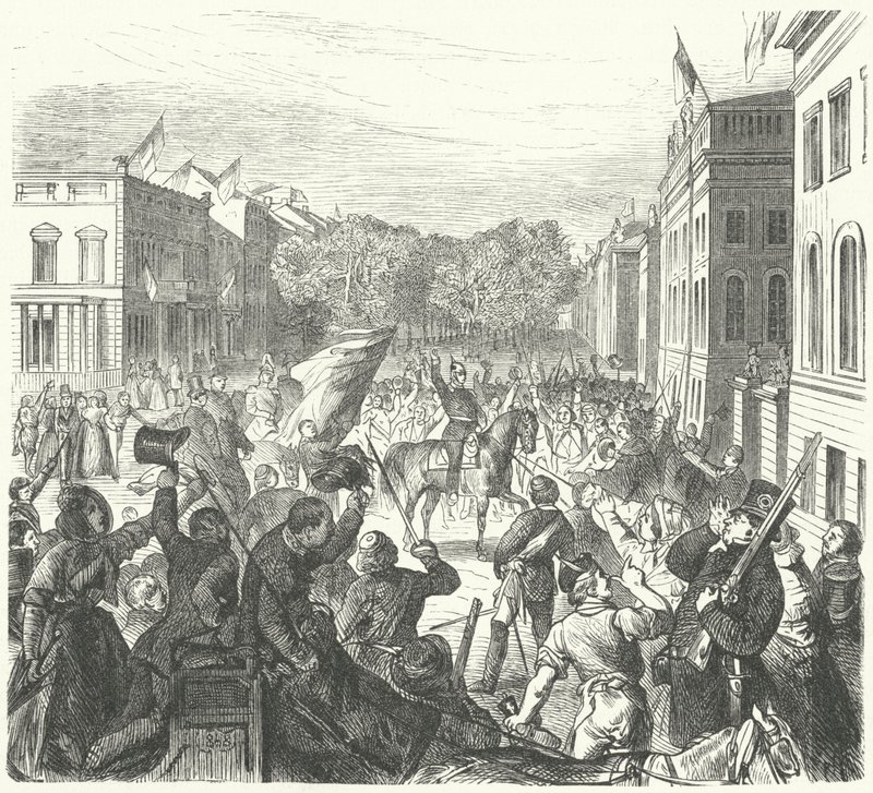 IV. Frigyes Vilmos porosz király a berlini egyetem mellett utazott, hogy részt vegyen a zavargások során elesett civilek tömeges temetésén, 1848. március 21-én (metszet) alkotó: German School