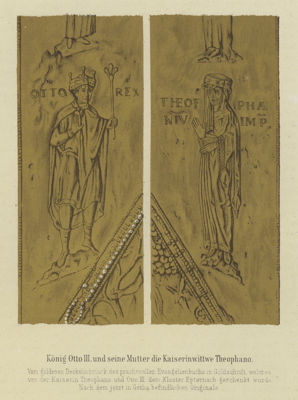 III. Ottó király és édesanyja, Theophania, II. Ottó császárné hitvese, római római császár (színes litó) alkotó: German School