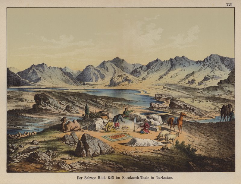 Kiuk Kiol sós tó a Karakash-völgyben, Turkesztán (színes litho) alkotó: German School