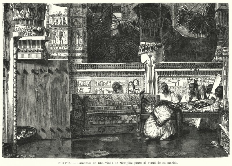 Egy özvegyasszony siralma férje koporsója mellett Memphisben, az ókori Egyiptomban (litho) alkotó: German School