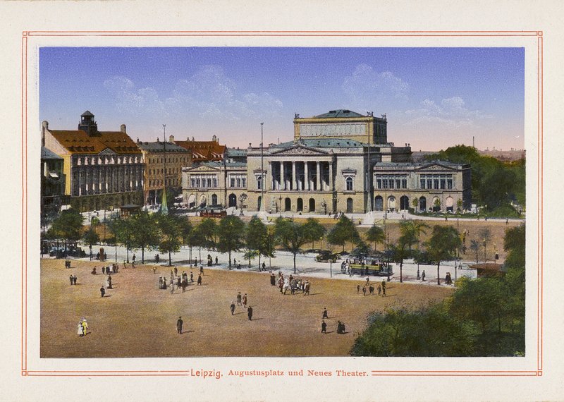 Lipcse, Augustusplatz és Neues Theater (színes litográfia) alkotó: German School