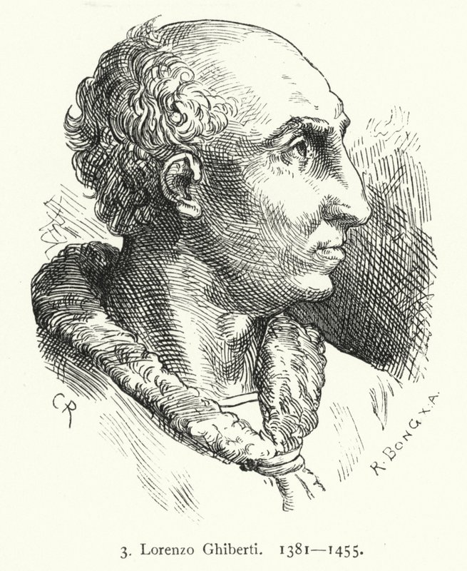 Lorenzo Ghiberti, firenzei kora reneszánsz művész, aki a firenzei keresztelőkápolna bronzajtóit tervezte (metszet) alkotó: German School