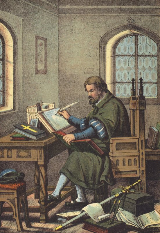 Luther Junker Jorgnak álcázva az Újszövetség wartburgi fordítását (chromolitho) alkotó: German School