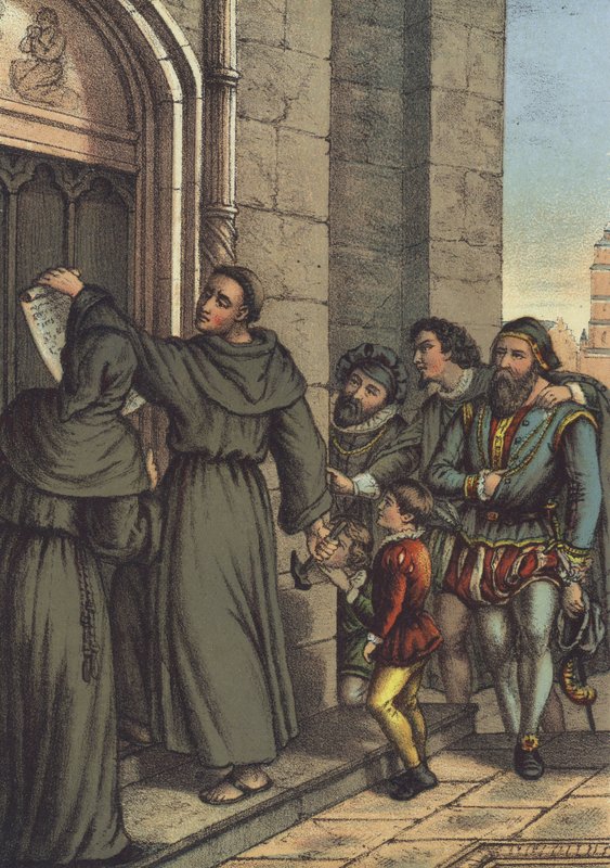 Luther 95 tézisét a wittenbergi Mindenszentek templomának ajtajára szögezi (chromolitho) alkotó: German School
