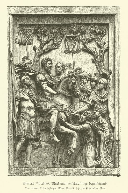 Marcus Aurelius kegyelmet a markomann főnököknek (metszet) alkotó: German School