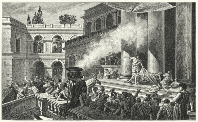 Mark Antonius lázadást szít beszédével Julius Caesar temetésén, ie 44-ben (metszet) alkotó: German School