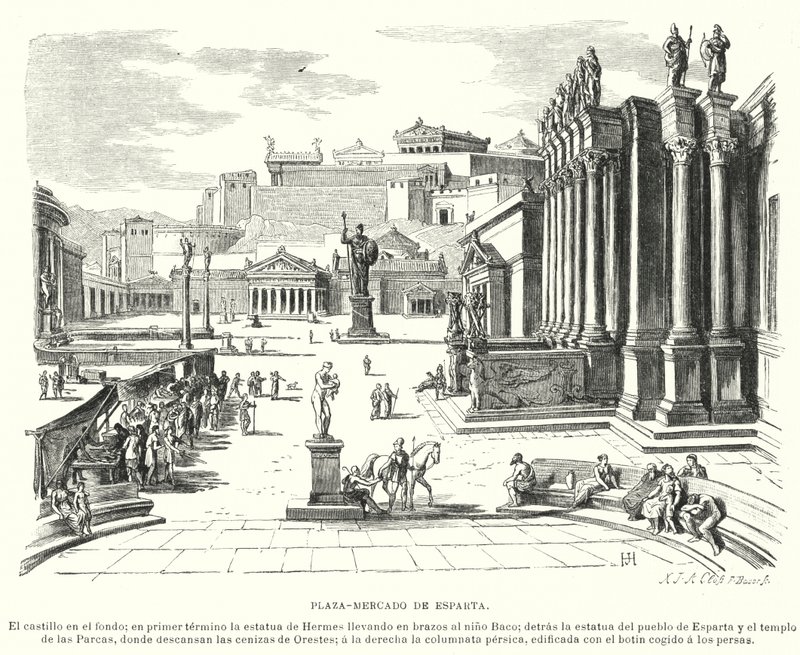 Sparta piactere, ókori Görögország (litho) alkotó: German School