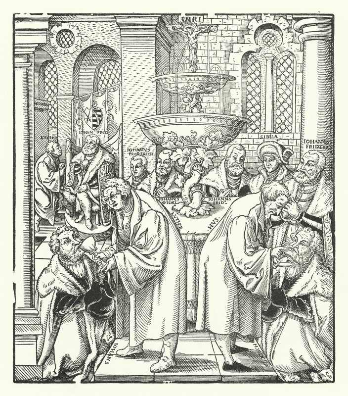Luther Márton és Jan Husz szentáldozást szolgáltat a szász királyi családnak (metszet) alkotó: German School