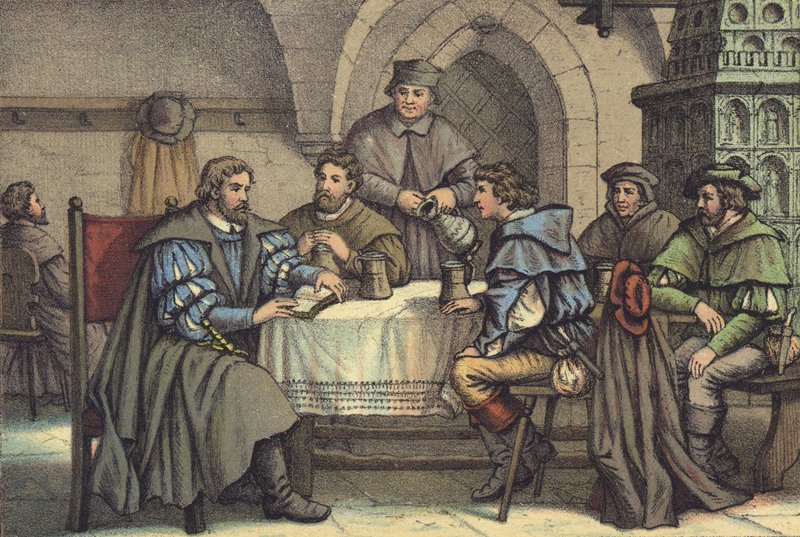 Luther Márton a diákokkal beszélget a jénai Gasthof der Barenben (chromolitho) alkotó: German School