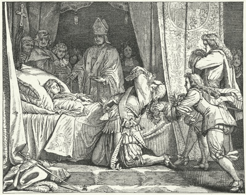 Maximilian II. Emmanuel bajor választófejedelem fia, József Ferdinánd halálos ágyán alkotó: German School