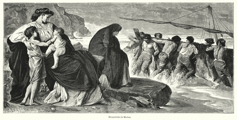 Médeia búcsúja: jelenet Euripidész Médea ókori görög tragédiájából, Médeia és Jason legendája alapján (litho) alkotó: German School