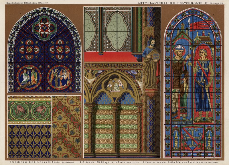 Középkori francia ólomüveg ablakok: St Denis templom, Párizs; Sainte Chapelle, Párizs; Chartres-i katedrális (színes litó) alkotó: German School