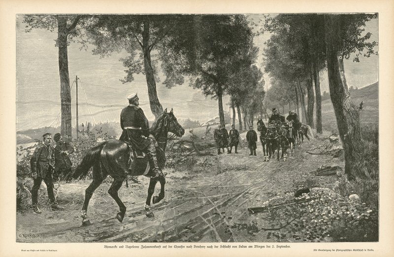 Bismarck és III. Napóleon találkozója a sedani csata után, a francia-porosz háború, 1870. szeptember 2. alkotó: German School