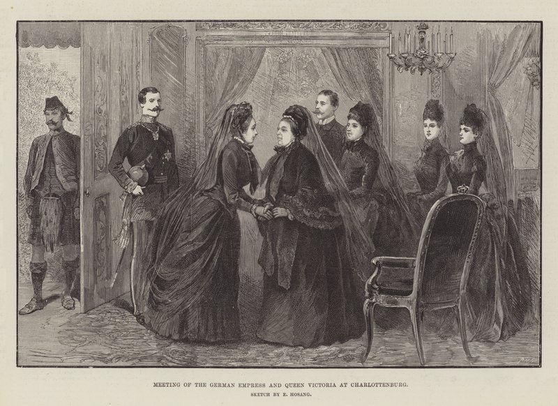 A német császárné és Viktória királynő találkozója Charlottenburgban (metszet) alkotó: German School