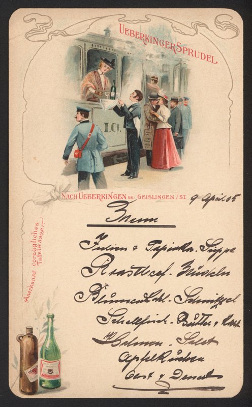 Ueberkinger szénsavas ásványvizet reklámozó menükártya (színes litó) alkotó: German School