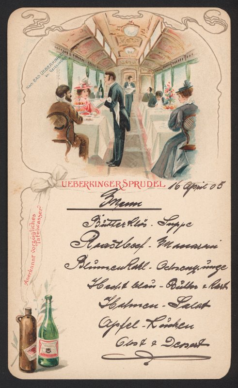 Ueberkinger szénsavas ásványvizet reklámozó menükártya (színes litó) alkotó: German School