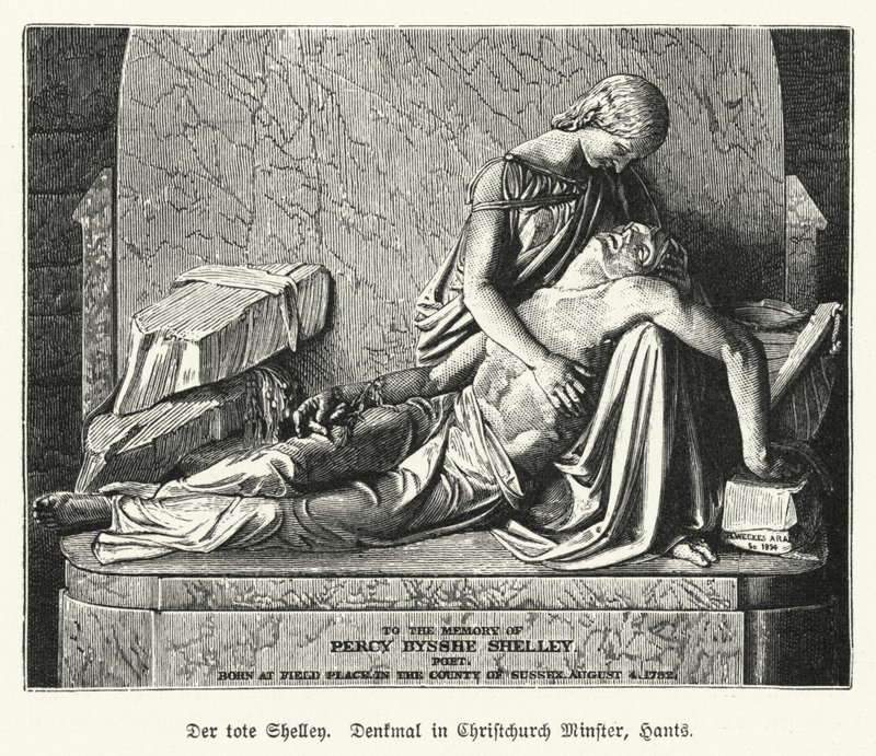 Percy Bysshe Shelley angol költő emlékműve, Christchurch Priory, Dorset (litho) alkotó: German School