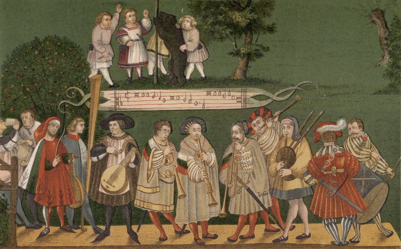 Zenészek Augsburgból, Németországból, a Geschlechtertanz táncosainak játszanak, 1520 alkotó: German School