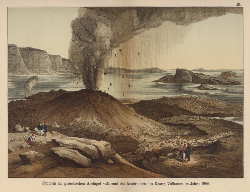 Nea Kameni, vulkáni eredetű sziget a görög Santorini sziget kalderájában az 1866-os kitörés után (színes litho) alkotó: German School