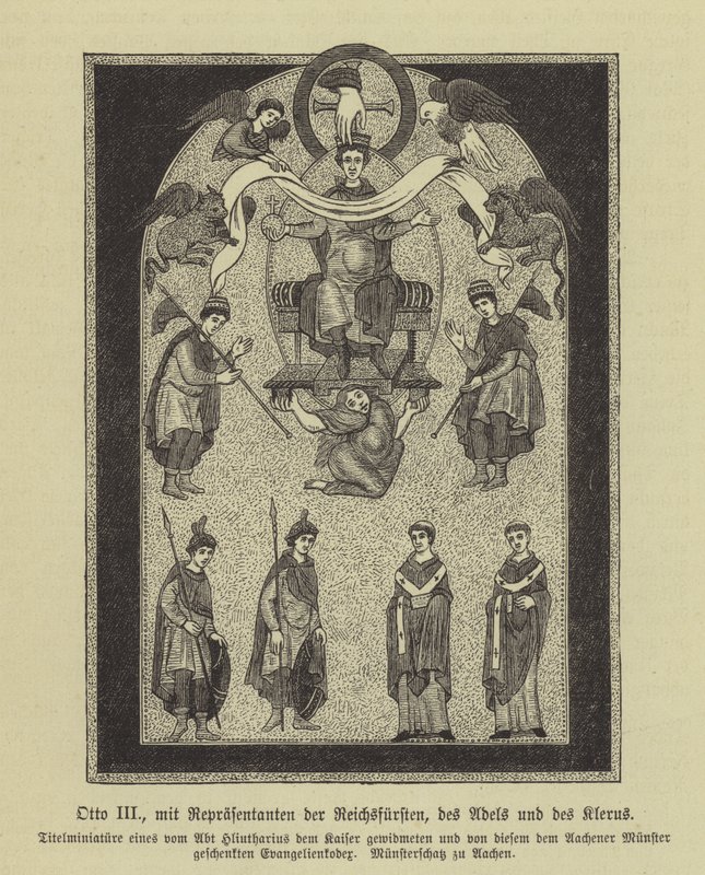 III. Ottó, római római császár, a fejedelmek, a nemesség és a papság képviselőivel (metszet) alkotó: German School