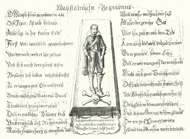 A meggyilkolt cseh katonai vezető, Albrecht von Wallenstein emlékére kiadott füzet (metszet) alkotó: German School