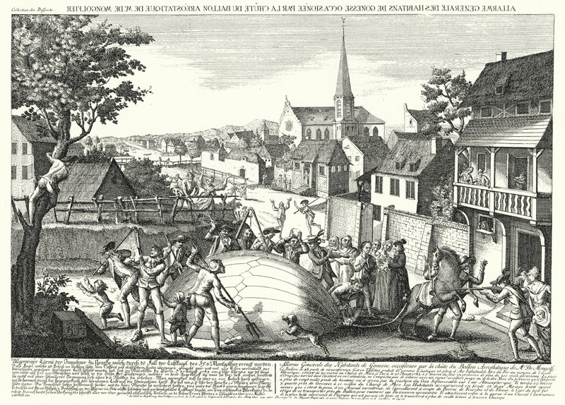 Parasztok támadják meg Jacques Charles és a Robert Brothers léggömbjét, miután az lezuhant Gonesse-nál, 1783. augusztus 27-én (metszet) alkotó: German School