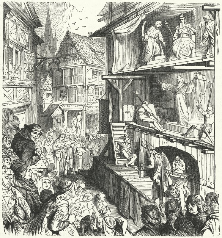 Egy passiójáték előadása a 16. században (metszet) alkotó: German School