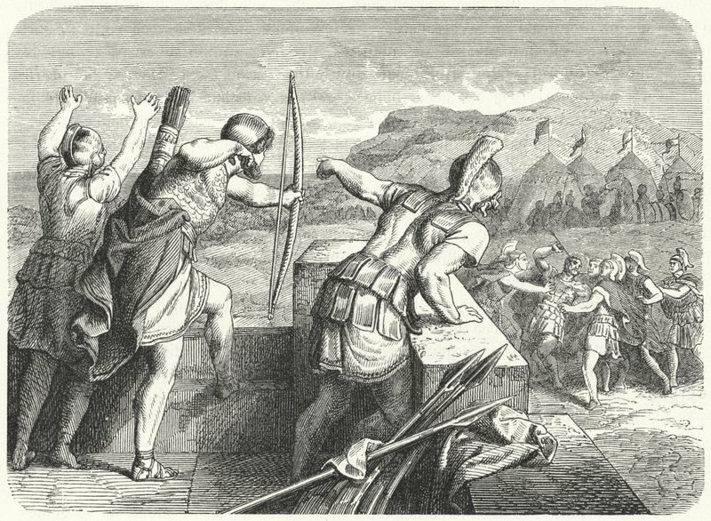 Macedón Fülöp megsebesült a szemén Methone ostrománál, ie 355-ben (metszet) alkotó: German School